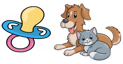 Image of a pacifier and a cat and dog